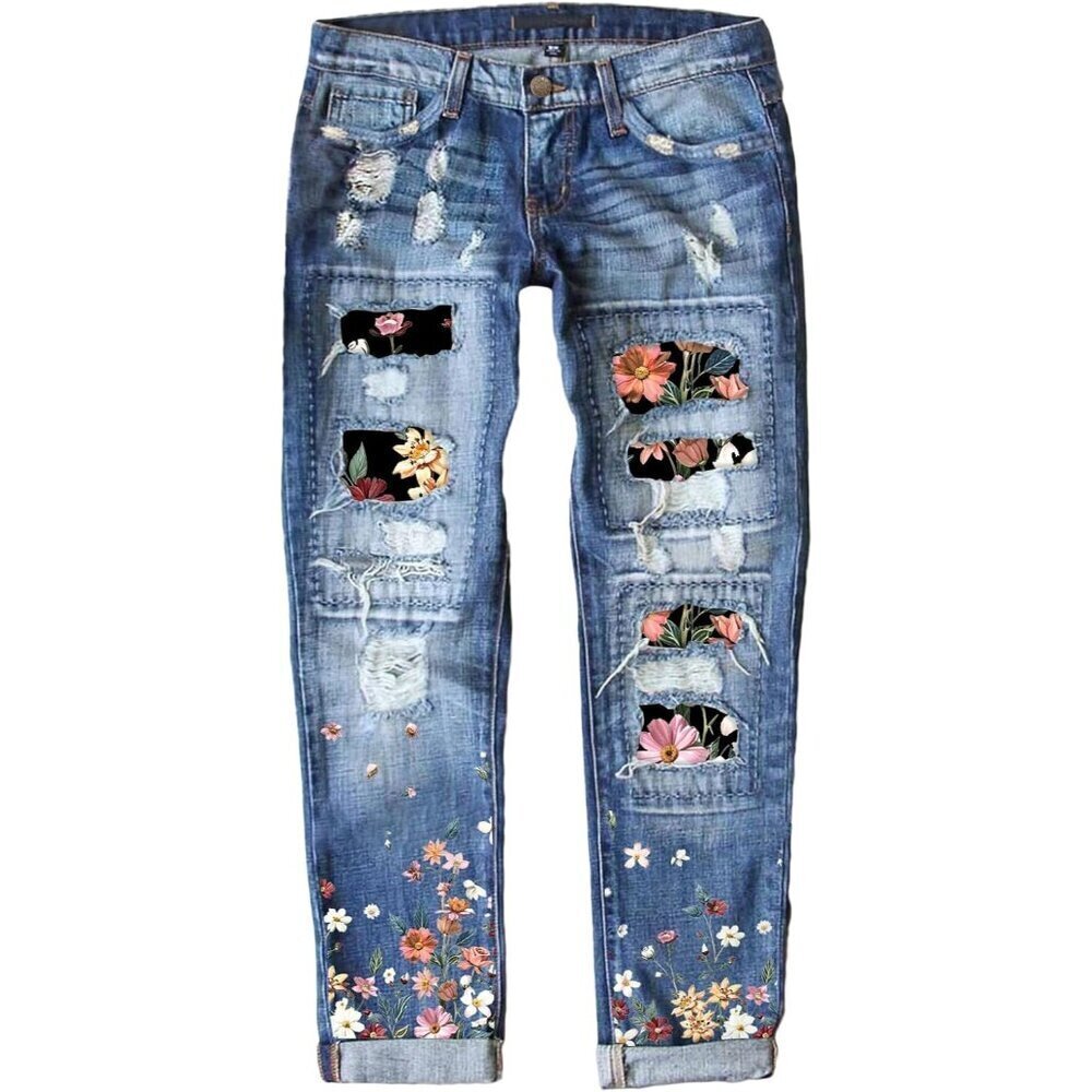 Womens Plaid Patch Ripped Boyfriend Skinny Denim Jeans Stretch Casual